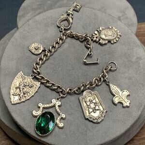 Vintage Charm Bracelet Chunky Dangle Charms Coat Of Arms Green Rhinestone 7”.